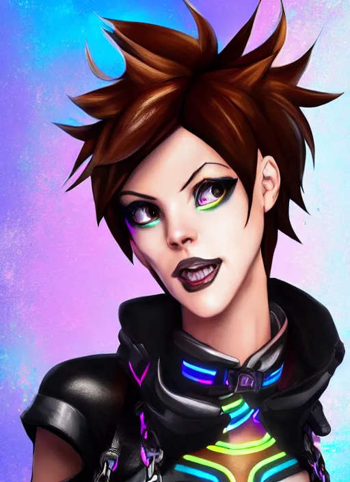 Image similar to portrait bust digital artwork of tracer overwatch, wearing black iridescent rainbow latex tank top, 4 k, expressive happy smug expression, makeup, in style of mark arian, angel wings, wearing detailed black leather collar, chains, black leather harness, detailed face and eyes,