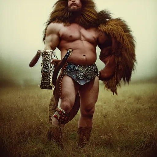 Prompt: muscular oversized lion barbarian warrior with metal chest plate and cross on it in a village, Cinematic focus, Polaroid photo, vintage, neutral colors, soft lights, foggy, by Steve Hanks, by Serov Valentin, by lisa yuskavage, by Andrei Tarkovsky