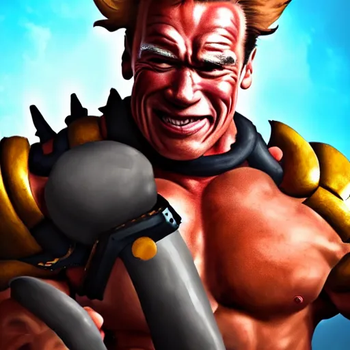 Image similar to a screenshot of arnold schwarzenegger as junkrat in overwatch holding bomb, portrait, fantasy, beautiful face, vivid colors, elegant, concept art, sharp focus, digital art, hyper - realistic, 4 k, unreal engine, highly detailed, hd, dramatic lighting by brom, trending on artstation