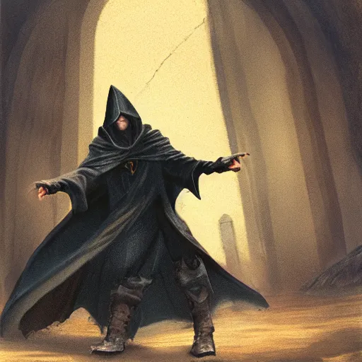 Prompt: portrait of small pale cowardly man wearing dark cloak, rogue, fear, fantasy artwork, dnd, looking sideways, high fantasy