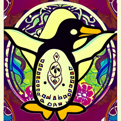 Prompt: powerful penguin in the style of art nouveau. lively. colorful. hd.