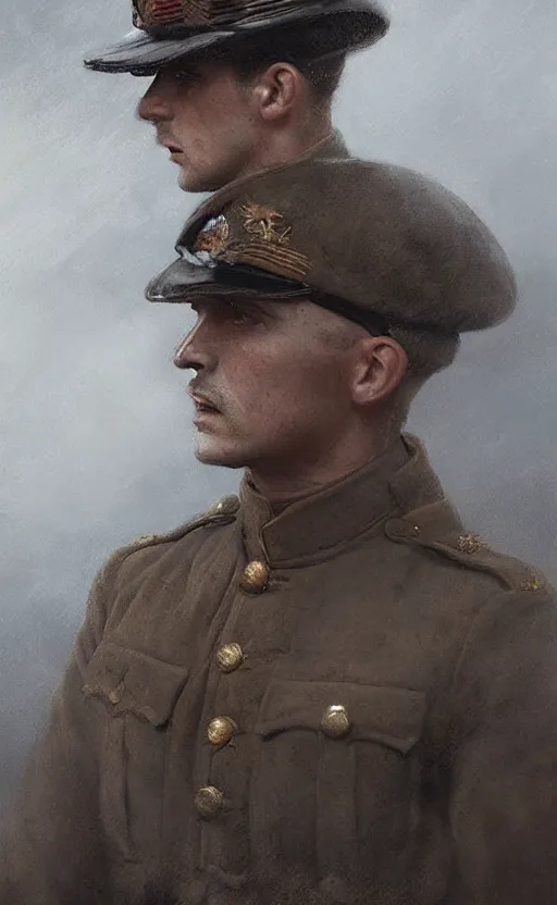 Prompt: Portrait of a British WWI officer, male, detailed face, 20th century, highly detailed, cinematic lighting, digital art painting by greg rutkowski