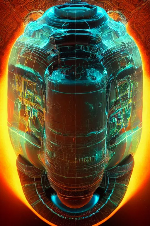 Image similar to a centered render of an ancient futuristic machine with digital modifications surrounded by a underwater ink pour and flowing liquid gallium and complex sacred geometry, perfect body and face, powerful, cinematic, beautifully lit, by beeple, by artgerm, by karol bak, 3 d, trending on artstation, octane render, 8 k