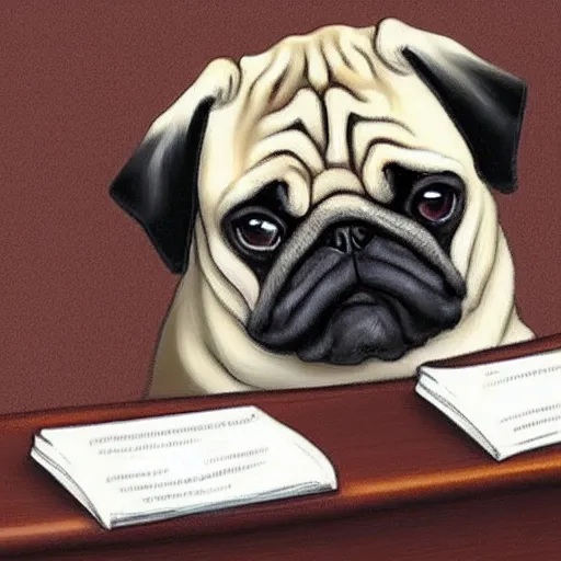 Image similar to a pug as a judge wearing a black robe, sitting behind the desk in court, slamming his gavel, angry looking