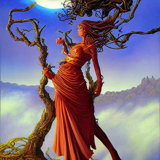 Prompt: A fantasy painting with a woman in a surreal environment by michael whelan