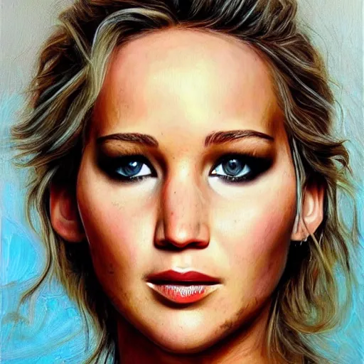 Prompt: beautiful oil in canvas of jennifer lawrence, very detailed face, symetry!!