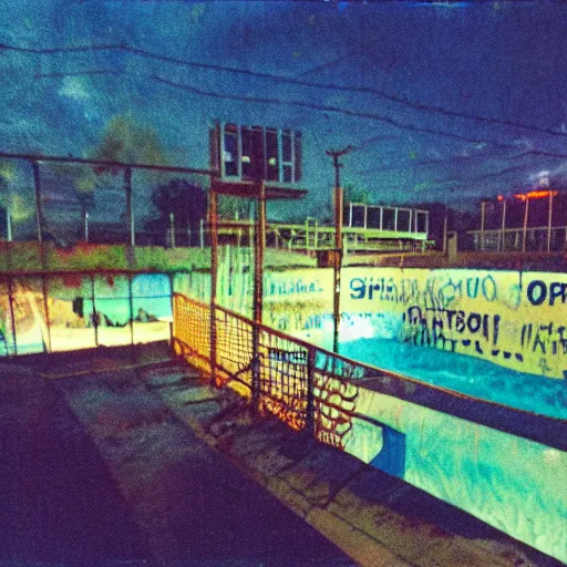 Prompt: a photo of an abandoned water park from the 1 9 9 0 s at night, disposable film