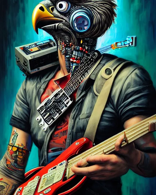 Image similar to a portrait of an anthropomorphic cyberpunk falcon shredding an electric guitar by sandra chevrier, by jon foster, detailed render, tape deck, epic composition, cybernetics, 4 k realistic, cryengine, realistic shaded lighting, sharp focus, masterpiece, by enki bilal