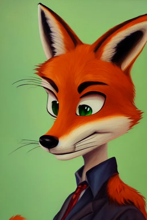 Image similar to oil painting of anthromorphic female fox, in style of zootopia, female fursona, furry, furaffinity, 4 k, deviantart, furry art, fursona art, wearing black business suit, business suit, fox fursona, nick wilde female, female, smug expression,