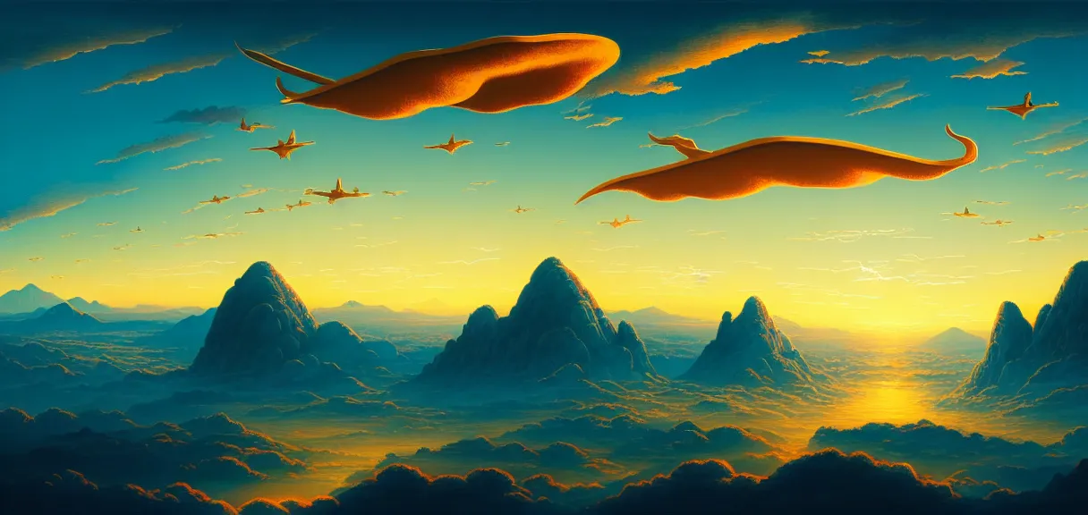 Prompt: symmetrical post - minimalism landscape of a magical city bird's eye view, sky whales, golden clouds, mountain range, vibrant color scheme, highly detailed, in the style of romanticism, cinematic, artstation, moebius, greg rutkowski