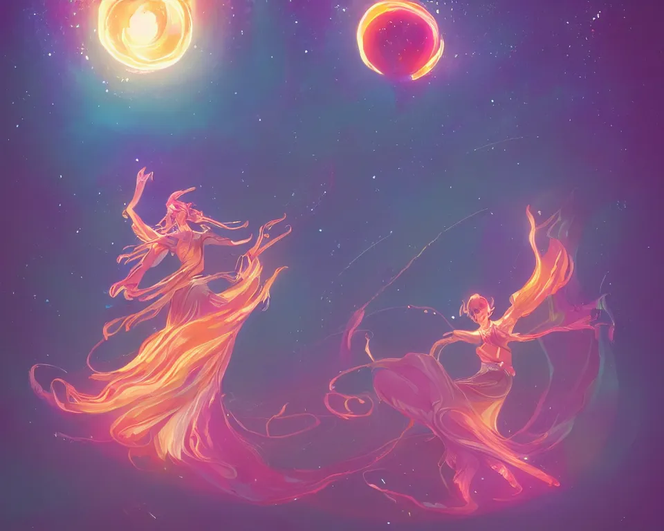Prompt: a beautiful whimsical goddess floating above a lake basking in the moonlight, fire bending, underneath a multi-colored binary blackhole with an accretion disc, glowing trails following her arms, synthwave, by Lois van Baarle, by Greg Rutkowski, by artgerm, by beeple, by studio ghibli, cinematic angle, volumetric lighting, 4k resolution, octane render, trending on artstation, masterpiece
