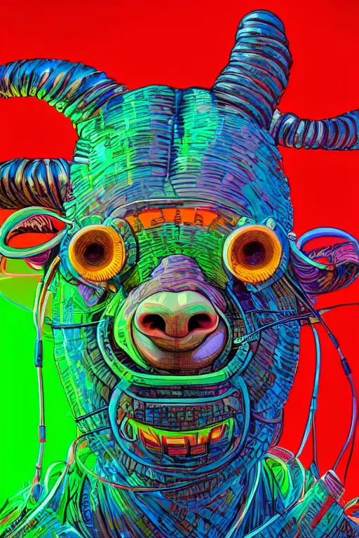 Image similar to stunning highly detailed portrait of an ugly old billy goat with cyber headgear surrounded by wires, neon colors, oil on canvas, strong lighting, by Josan Gonzalez, HD, 4K