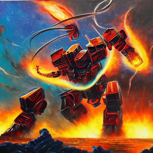 Image similar to giant robot fights against fantasy dragon, dragon breathing fire, robot shooting gun, background in space, oil painting