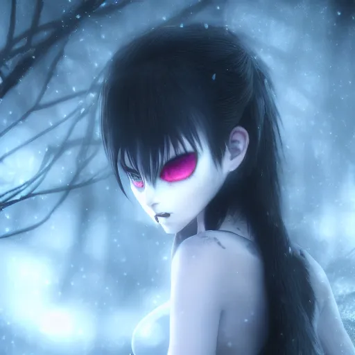 Image similar to full shot of angry darkness beautiful anime girl at moonlight, snowing, gothic wearing, inspired by Tim Burton, Amano, detailed, unreal engine 4k volumetric light, fog,