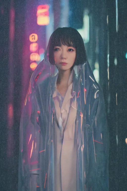 Prompt: Cinestill 800t, 8K, highly detailed, seinen manga 3/4 closeup portrait, eye contact, focus on clear transparent see through raincoat model, tilt shift background: famous blade runner anime remake, pond scene