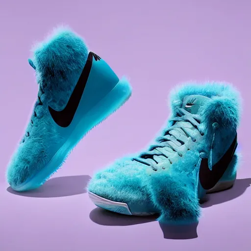 Image similar to poster nike shoe made of very fluffy cyan and black faux fur placed on reflective surface, professional advertising, overhead lighting, heavy detail, realistic by nate vanhook, mark miner