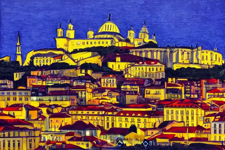 Prompt: lisbon city at night, art in the style of adriana molder