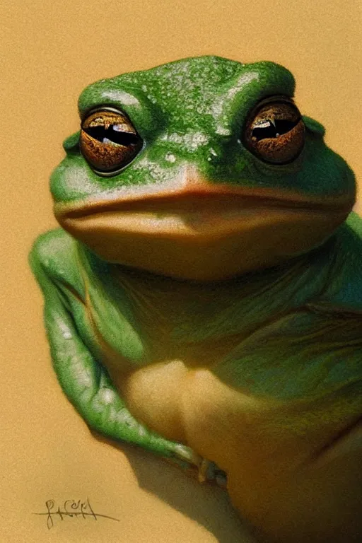 Image similar to photorealistic portrait photograph of pepe!! the frog, upper body, handsome, depth of field, soft focus, highly detailed, intricate, realistic, national geographic cover, soft glow, textured, artstation, concept art, sharp focus, illustration, art by artgerm and greg rutkowski and alphonse mucha