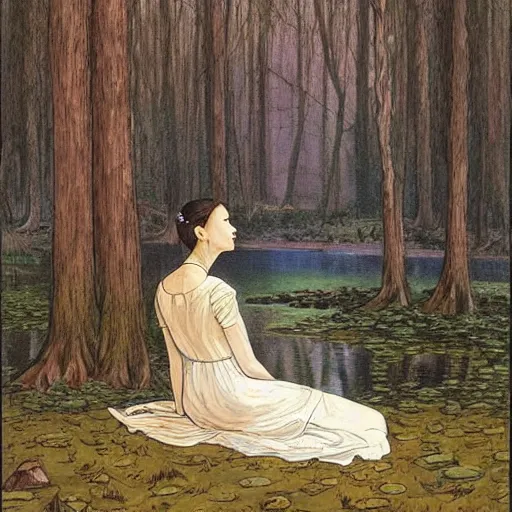 Image similar to a beautiful painting of the back view of a young lady in white dress sitting by the river in a grown forest, washing her dark long hair, sunlight reflected on the river, Moebius, Mohrbacher