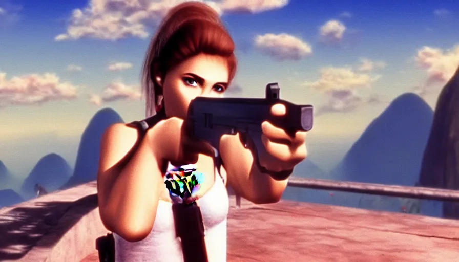 Prompt: 1 9 8 6 movie screencap of a girl with a gun on a rio de janeiro, gucci clothes, sparkes sky, beautiful favela background extremely utra high quality artwork 8 k