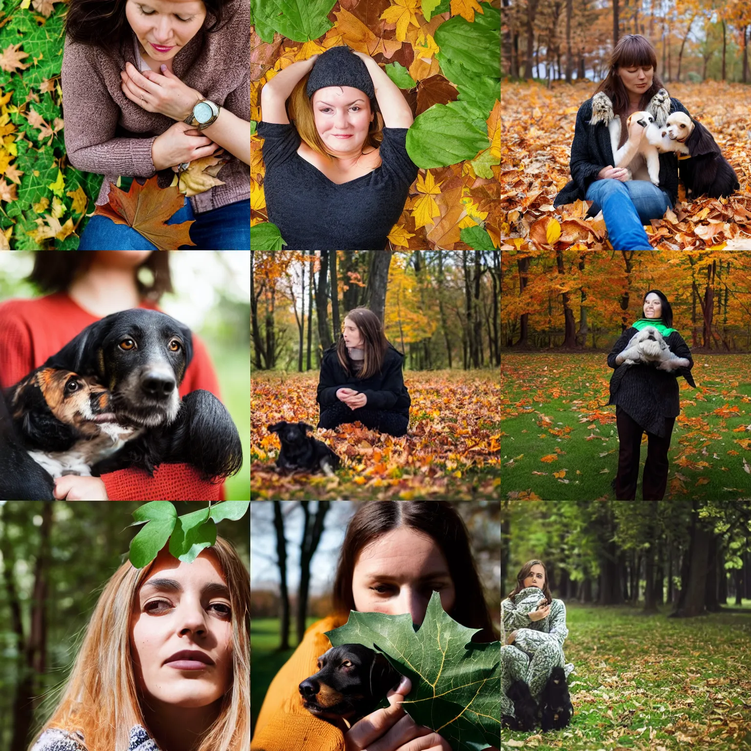 Prompt: woman partially covered by hundeds of small leaf