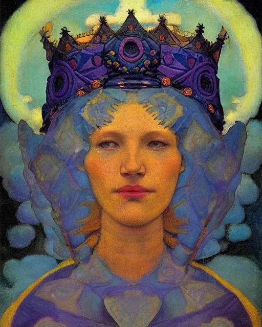 Prompt: the crown of mist and clouds, by Annie Swynnerton and Nicholas Roerich and Diego Rivera, bioluminescent skin, elaborate costume, geometric ornament, symbolist, cool colors like blue and green and violet, smooth, sharp focus, extremely detailed