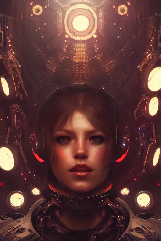 Image similar to ultra realistic, beautiful female cyborg in a crowded smoky cyberpunk club in space megalopolis, sci-fi, intricate details, eerie, highly detailed, octane render, 8k, art by artgerm and alphonse mucha and greg rutkowski