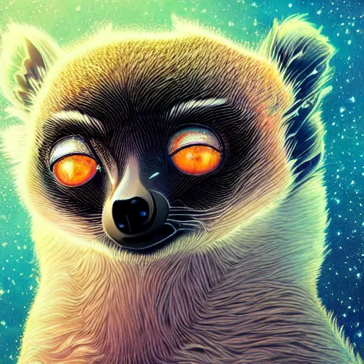Image similar to geometric symmetrical lemur, galaxy in the background, intricate, elegant, highly detailed, digital painting, artstation, concept art, smooth, sharp focus, illustration, art by artgerm