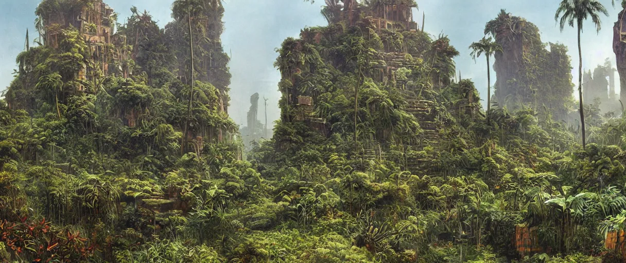 Image similar to matte painting of lost city overgrown with plants, vincent di fate, masterpiece,