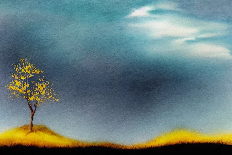 Image similar to beautiful serene walk to the top of the hill to see the wast horizon, healing through motion, life, minimalistic golden and ink airbrush painting on white background, pristine dream