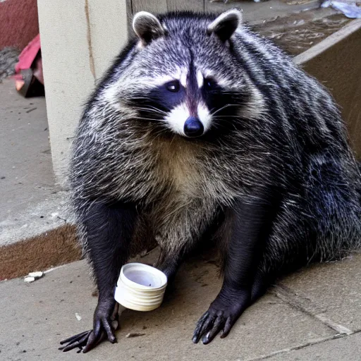 Image similar to morbidly obese homeless dirty racoon 4k photo