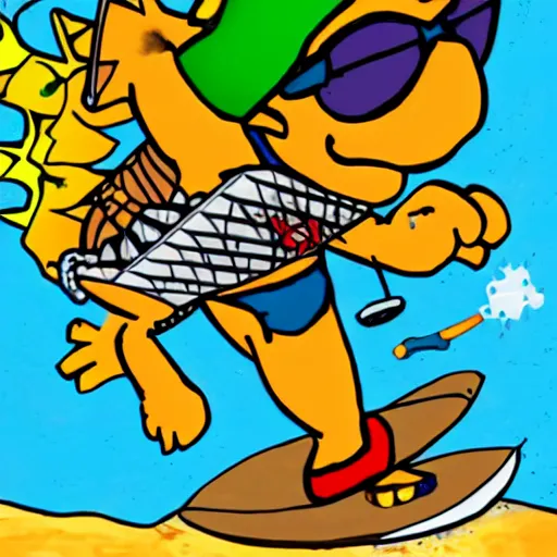 Prompt: king koopa surfing while playing a guitar and wearing sunglasses