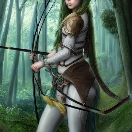 Image similar to a young elven female archer. long silver hair, fair skin like porcelain, beautiful greens eyes. fantasy. digital art. very detailed. anatomically precise. forest background.