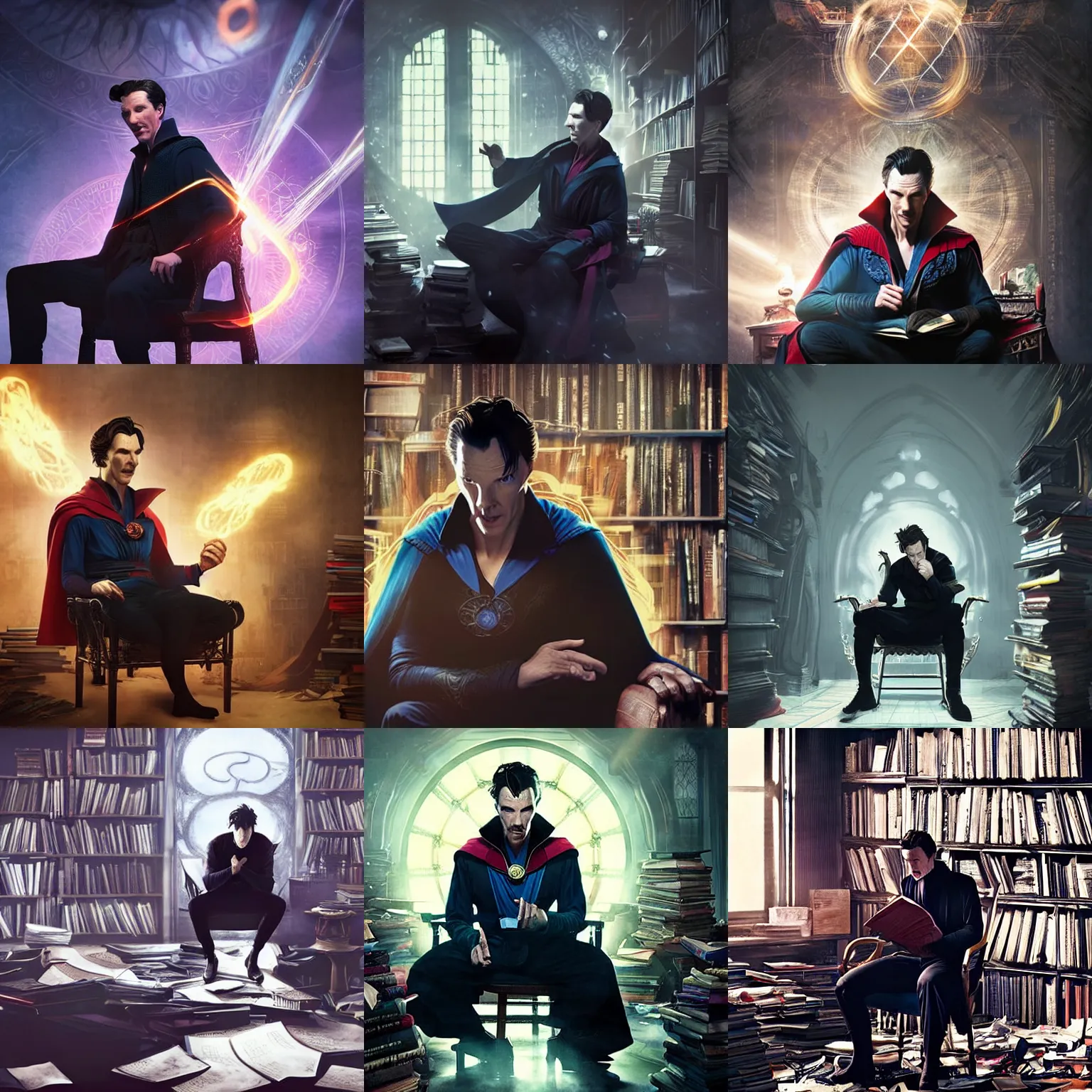 Prompt: Benedict Cumberbatch as dr strange dressed in a black shirt and black pants, sitting alone in his room in a large chair, books messy about the room, sad, somber, airbrush render, by Ross Tran, Makoto Shinkai