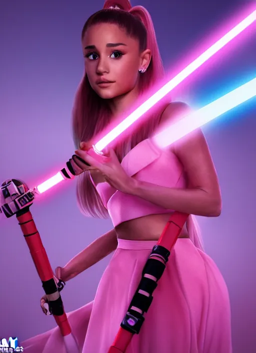 Prompt: Still action photo of Ariana Grande in the Star Wars universe holding two pink lightsabers in each hand. Maximum detail on artstation, photo realism, vivd details, vivd colour, volumetric lighting