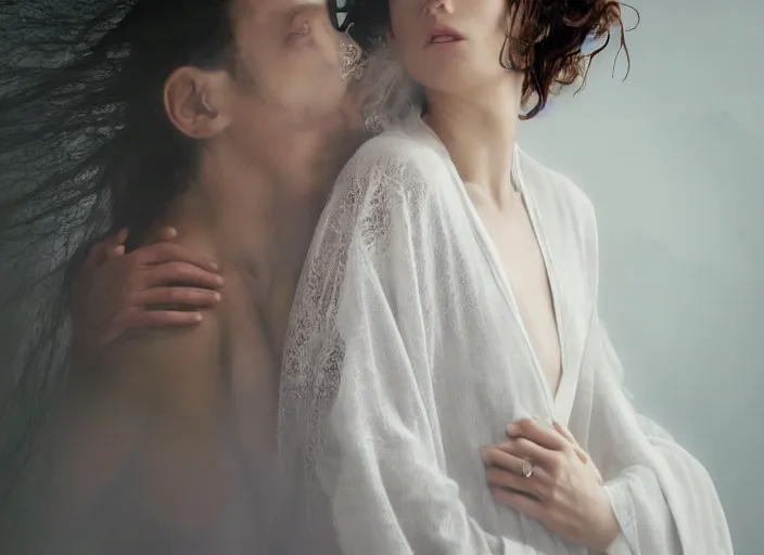 Image similar to jesus hugging a woman, spirit hugs, in style of paolo roversi, britt marling style 3 / 4, a beautiful ethereal lace white robe, close - up, 8 k, soft focus, soft light, volumetric lighting, highly detailed realistic, refined, highly detailed, natural outdoor soft pastel lighting colors scheme