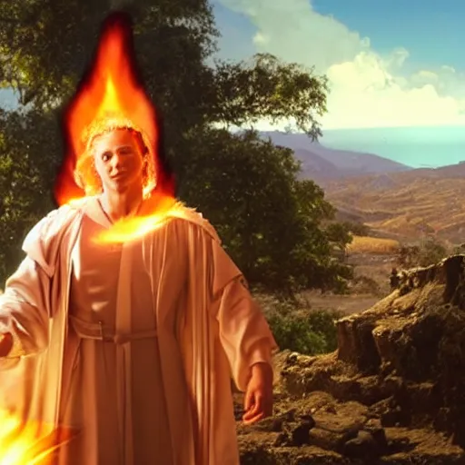 Prompt: cinematic still of divine angelic man with white ancient Canaanite robes holding a flaming sword, paradise in the background