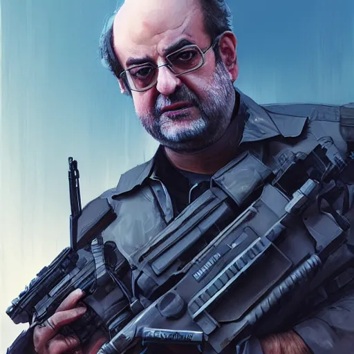 Image similar to salman rushdie as a futuristic tactical operator by maciej kuciara