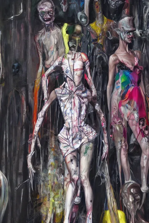 Image similar to crazy fashion catwalk, one model, crazy clothes, biopunk style, horror, hauntingly surreal, highly detailed painting by francis bacon, edward hopper, adrian ghenie, gerhard richter, and james jean soft light 4 k,