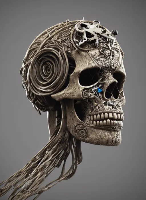 Image similar to an intricate detailed scifi skull plugged to wires by vitaly bulgarov, ivy, hardmesh, unreal engine 5, cyberpunk