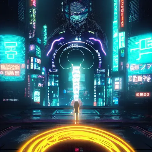 Prompt: Perfect circle portal leading to a vast neon cyberpunk Tokyo in style of Tsutomu Nihei. Cyberpunk, vertical symmetry, 8K, Highly Detailed, Intricate, Vivid.