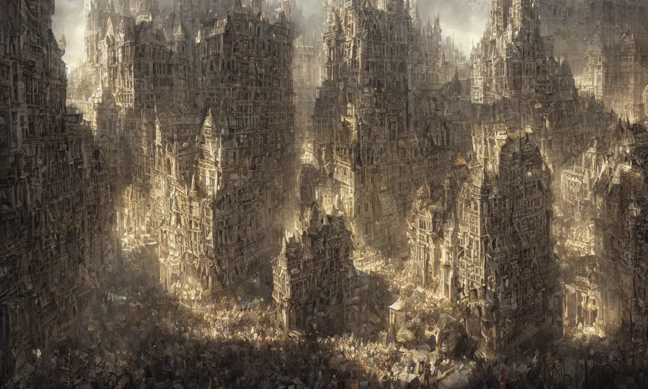 Prompt: breathtaking detailed painting of a whole city made of pages of paper, buildings covered in white pages, the sun shining on people of paper, rembrandt style, elegant, highly detailed, artstation, concept art, matte, sharp focus, art by tom bagshaw, and quentin mabille