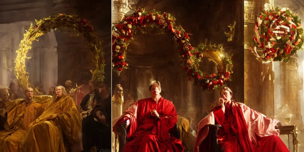 Image similar to beautiful oil painting, steve buscemi in royal crimson robes enthroned as the god emperor of ancient rome a golden wreath upon his head, by anders zorn, wonderful masterpiece by greg rutkowski, beautiful cinematic light, american romanticism, by thomas lawrence, greg rutkowski