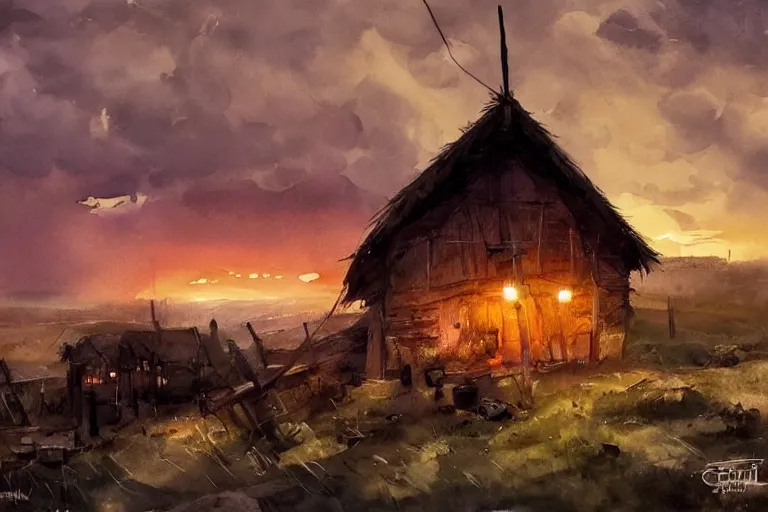 Prompt: paint brush strokes, abstract watercolor painting of rustic village at dusk, straw roof, viking town, lantern, ambient lighting, art by hans dahl, by jesper ejsing, art by anders zorn, wonderful masterpiece by greg rutkowski, cinematic light, american romanticism by greg manchess, creation by tyler edlin