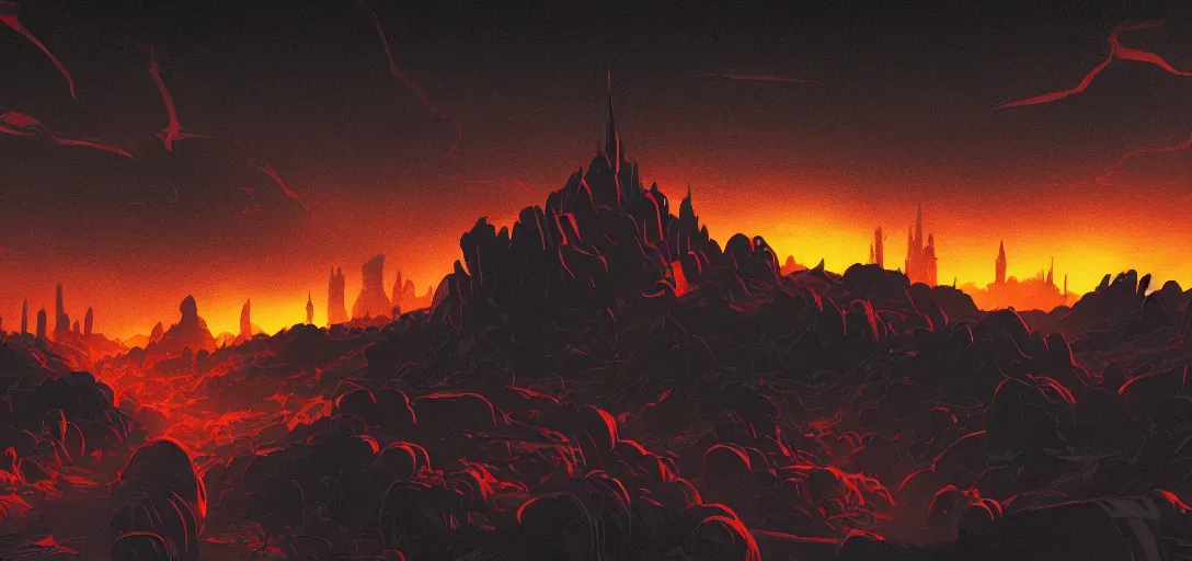 Image similar to divine cathedral made of fire, seen in the distance on the horizon, on a desert planet, black smoke particles, dark colors, red background, dark underground cave, in the graphic style of and Patrick Gleason, low key lighting, detailed art, trending on Artstation, sharp focus, comic art, horror concept art, smooth,