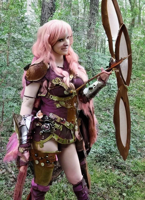 Image similar to Brown hair pink eye female faerie paladin planeteer + Tinkerbell +pixie hollow + steampunk + full dress + sparked and a full plate armor + D&D + full body