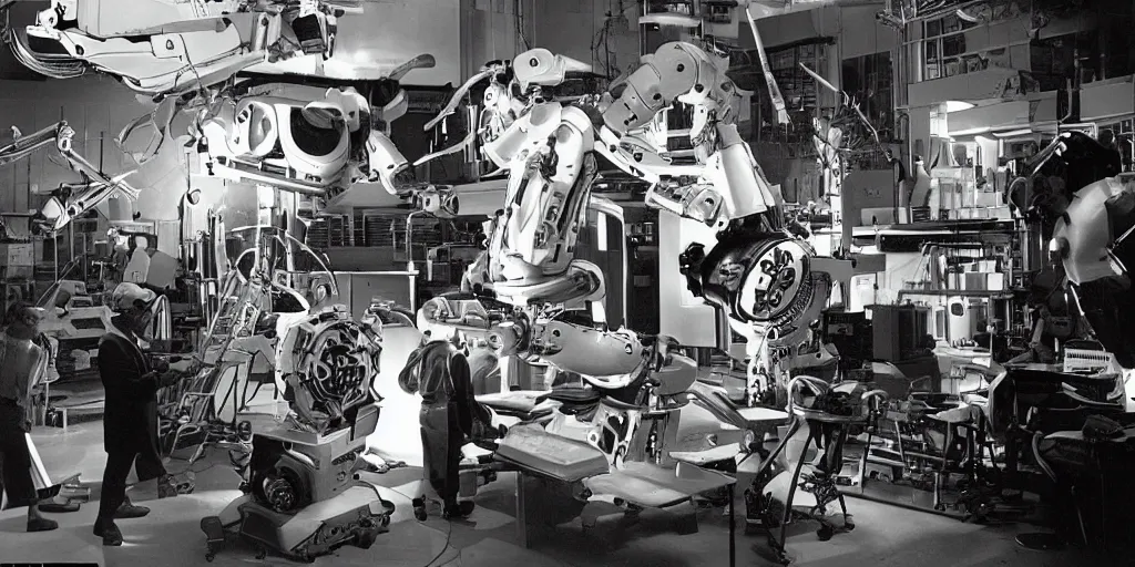 Image similar to a futuristic film studio with robot technicians preparing a scene by stanley kubrick, sci - fi, color vibe, reimagined by industrial light and magic