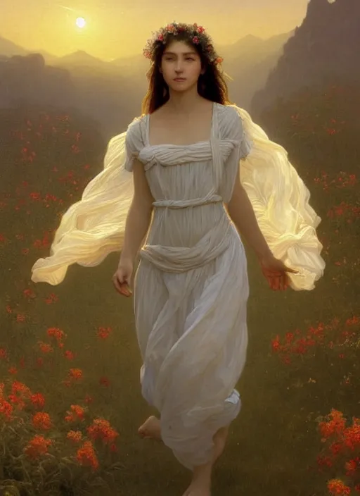 Image similar to oil painting portrait of a young woman with long flowing hair in a white dress, dancing through a field of flowers at sunset with mountains in the background, hazy, digital art, chiaroscuro, artstation, cinematic, golden hour, digital art painting by greg rutkowski, william - adolphe bouguereau, hazy atmosphere, flowers, cinematic lighting