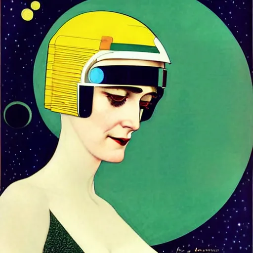 Image similar to art by coles phillips, eva green as a french astronaut from the year 2 5 0 0, blonde hair, blue makeup, green eyes, shiny helmet, mucha, kandinsky, art deco, dark deco,