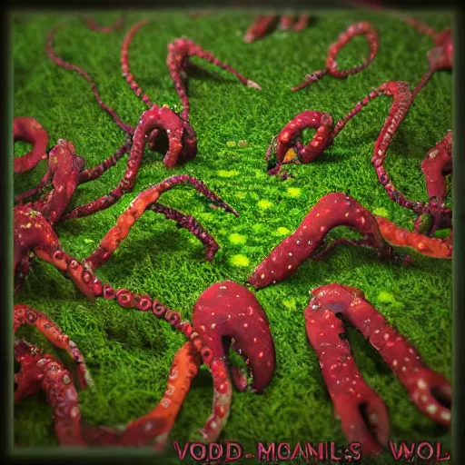 Image similar to voidless of the festival!, The Graveyard, blood moon tentacles!!, outsider art!!!, large group of crabs and worms, crawling along a bed of moss, low poly, creeper world, handcrafted, artstation, hyperrealistic, hard light, best practices, creeptastic, photorealism, macro perspective, cuddly